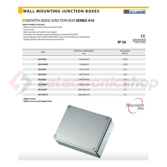 Kötődoboz zárt falonkívüli 190mmx 240mmx 90mm szürke műanyag IP56 ElettroCanali - EC410C7