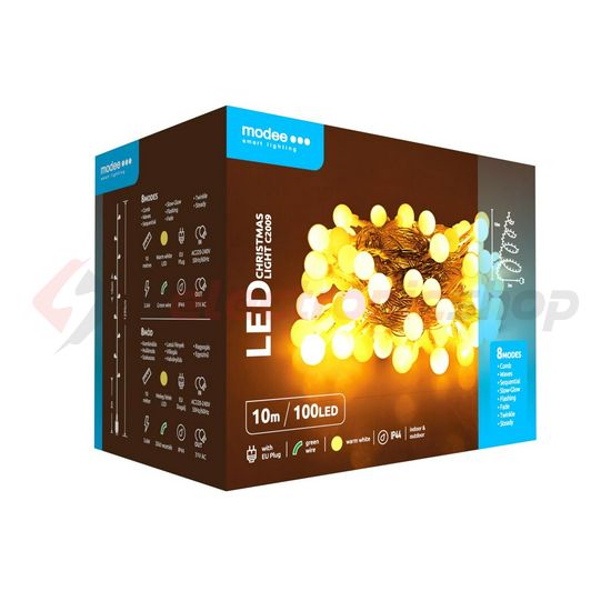 LED karácsonyi füzér 100LED/10m műanyag tápegység-dugóval 8mód kültéri 10db/m AC Berry Modee - ML-C2009