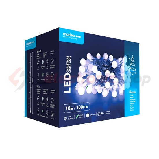 LED karácsonyi füzér 100LED/10m műanyag tápegység-dugóval 8mód kültéri 10db/m AC IP44 Berry Modee - ML-C2010