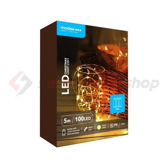LED karácsonyi füzér 100LED/5m réz 3xAA-elem(nélkül) 20db/m fehér-fényű 4,5V DC 2500K IP20 Modee - ML-C1011