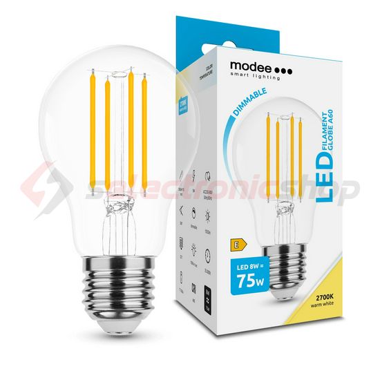 LED lámpa A60 DIM körte A filament 8W- 75W E27 1055lm 827 DIM 220-240V AC 15000h 360° 2700K Modee - ML-A60F2700K8WE27D