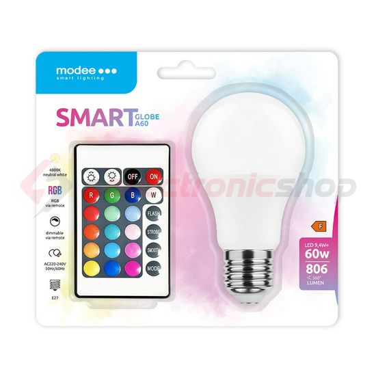 LED lámpa A60 DIM RGBW-távirányítóval körte A 9,4W- 60W E27 806lm DIM 220-240V AC LED Smart Modee - MSL-G9,4WE27RGB-R