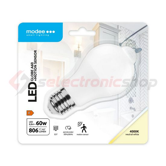 LED lámpa A60 PIR-mozgásérzékelős körte A 8,8W- 60W E27 806lm 840 220-240V AC LED Smart Modee - MSL-G4000K8,8WE27-PIR