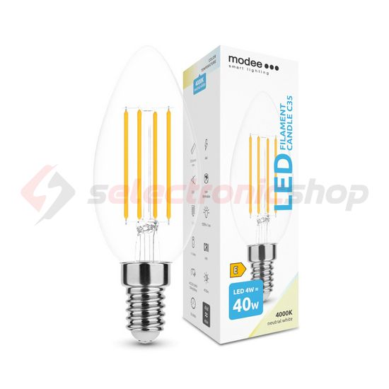 LED lámpa B35 gyertya filament 4W- 40W E14 470lm 840 220-240V AC 35000h 360° 4000K Modee - ML-CF4000K4WE14