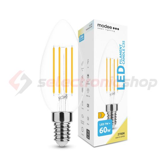 LED lámpa B35 gyertya filament 7W- 60W E14 806lm 827 220-240V AC 35000h 360° 2700K Modee - ML-CF2700K7WE14