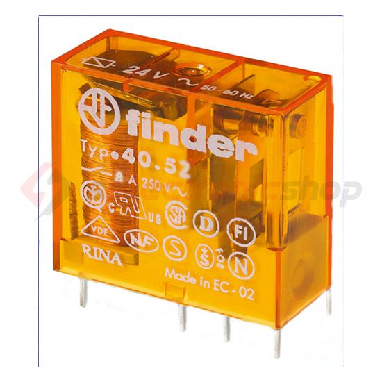 Miniatűr relé NYÁK/dugasz 8A 2v 8A 24V50Hz monostabil IP20 40.52.8.024.0000 FINDER - 405280240000