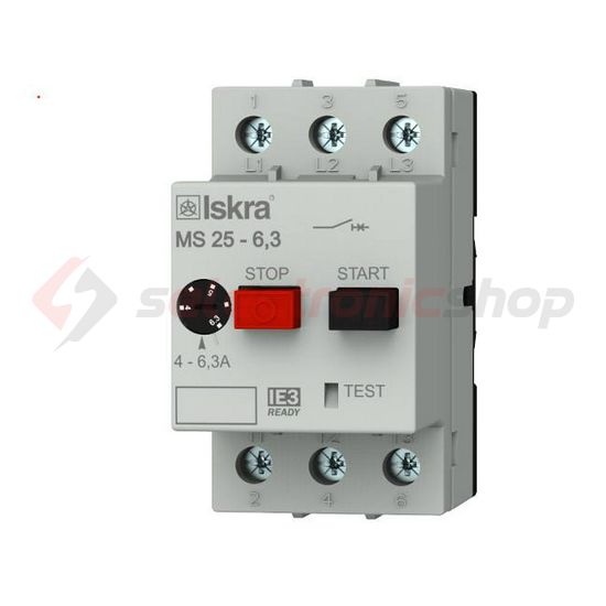 Motorvédő kapcsoló 3P 4-6,3A-hő 50kA fix termomágneses csavaros MS25 Iskra - 30.107.963