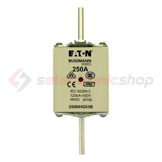 NH biztosítóbetét 250A gL/gG 500V AC 120kA kombikijelző-kioldásjelzéssel Bussmann EATON - 250NHG03B