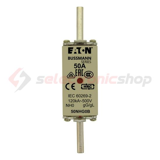 NH biztosítóbetét NH0 50A gL/gG 500V AC 120kA kombikijelző-kioldásjelzéssel Bussmann EATON - 50NHG0B