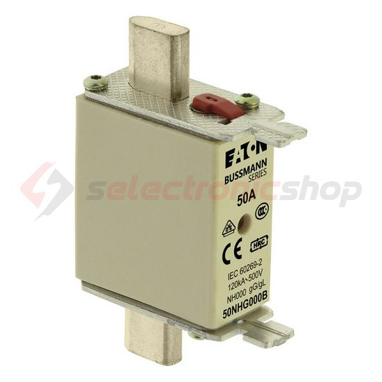 NH biztosítóbetét NH000 50A gL/gG 500V AC 120kA kombikijelző-kioldásjelzéssel Bussmann EATON - 50NHG000B