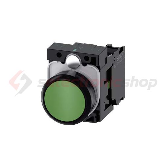 Nyomógomb komplett műanyag d22 zöld lapos visszaugró 1z csavaros kerek SIRIUS ACT SIEMENS - 3SU1100-0AB40-1BA0