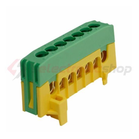 Sorkapocssín 63A zöld/sárga érintésvédett 1P csavaros 7csatl./16mm2 kalapsínre PE7-F2 Pollmann - 2020267