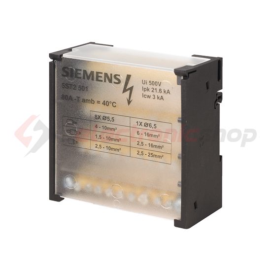 Sorkapocssín elosztóblokk 4P 6..16mm2/8x4…10mm2 DIN-sínre lapos 80A 5ST SIEMENS - 5ST2501