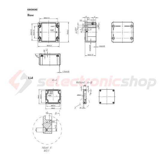 Szerelő/készülékdoboz poliészter falonkívüli műanyag 75mm x 80mm 55mm CSP 080806 Csatári Plast - CSP10080806