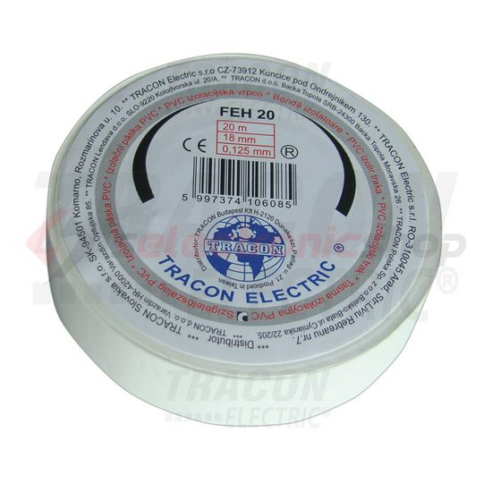 Szigetelőszalag fehér 18mm x 20m PVC 90°C max. TRACON - FEH20