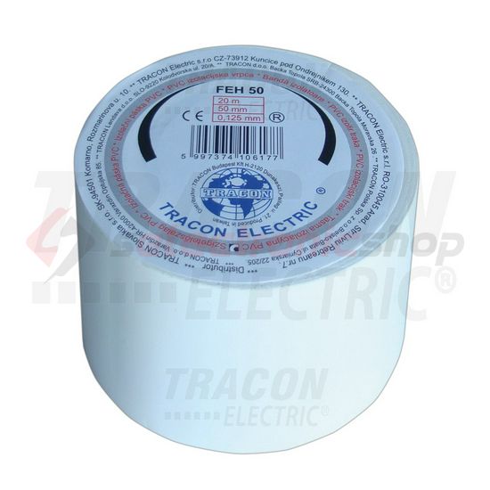 Szigetelőszalag fehér 50mm x 20m PVC 90°C max. TRACON - FEH50