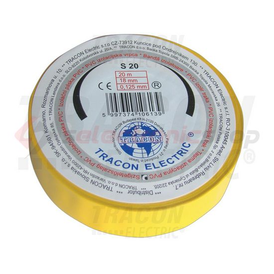 Szigetelőszalag sárga 18mm x 20m PVC 90°C max. TRACON - S20