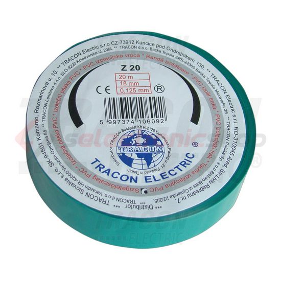 Szigetelőszalag zöld 18mm x 20m PVC 90°C max. TRACON - Z20