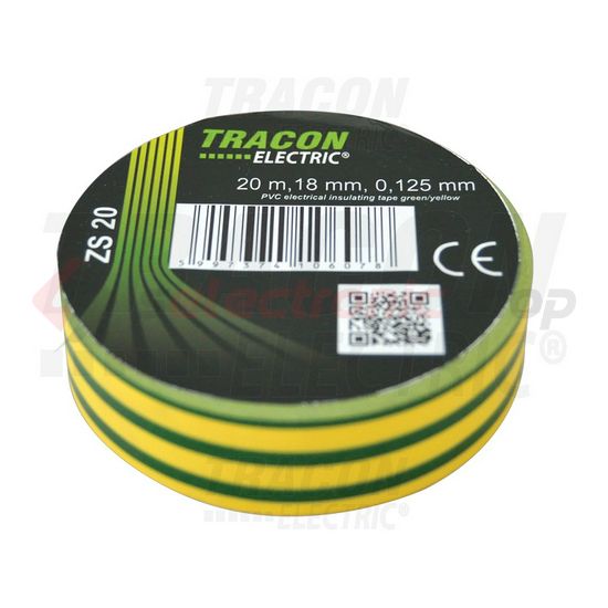 Szigetelőszalag zöld/sárga 18mm x 20m PVC 90°C max. TRACON - ZS20