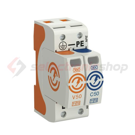 Túlfeszültség-levezető kombi 2P T1+T2 TT TN-S TN-C-S TN 230V/AC 2M V50-B+C 1+NPE OBO-BETTERMANN - 5093522