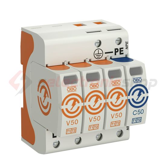 Túlfeszültség-levezető kombi 4P T1+T2 TT TN-S TN-C-S TN 230V/AC 4M V50-B+C 3+NPE OBO-BETTERMANN - 5093526