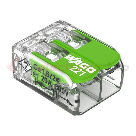 Vezetékösszekötő oldható 32A/450V leágazás 2x 0,14-4mm2 átlátszó polikarbonát (PC) Green WAGO - 221-422