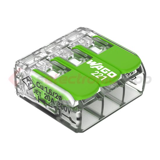 Vezetékösszekötő oldható 32A/450V leágazás 3x 0,14-4mm2 átlátszó polikarbonát (PC) Green WAGO - 221-423