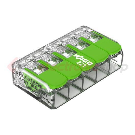 Vezetékösszekötő oldható 32A/450V leágazás 5x 0,14-4mm2 átlátszó polikarbonát (PC) Green WAGO - 221-425